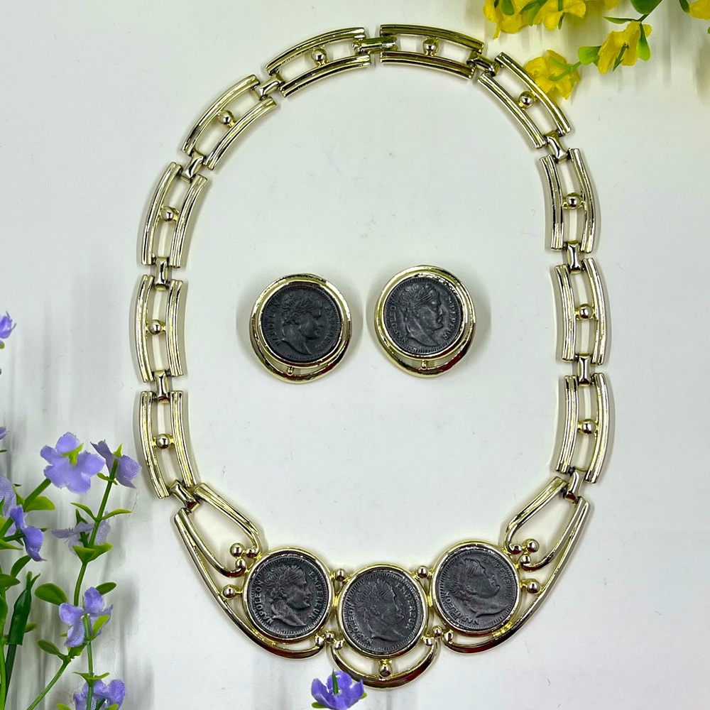 Vintage 1980s Napoleon Emperor Bonaparte Faux Coins Collar Necklace & Earrings